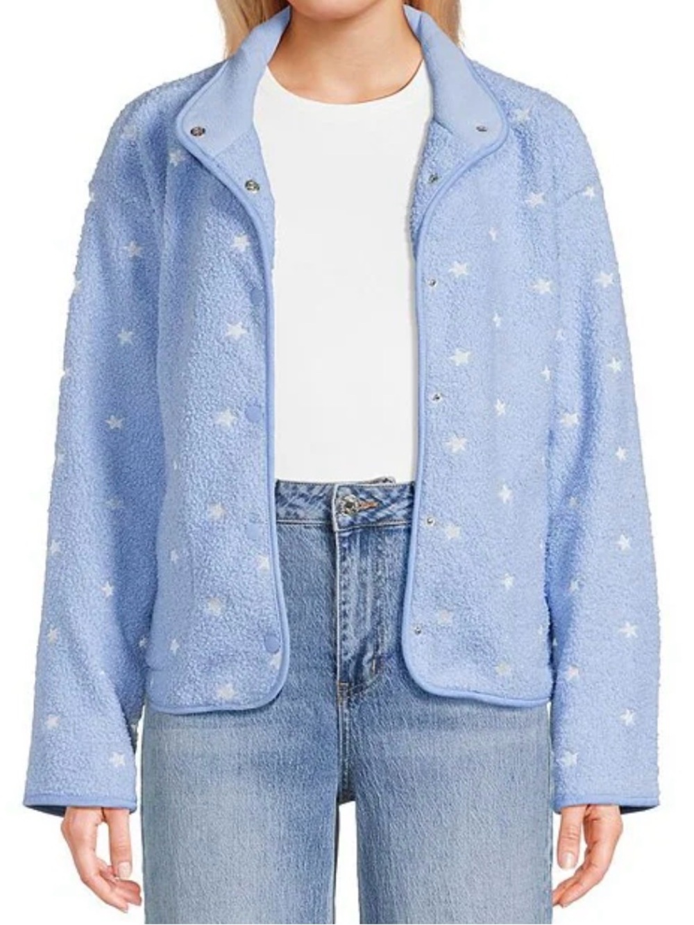 1 Sunset Lane Sherpa Embroidery Star Print Jacket In Blue/White Size Small NWT